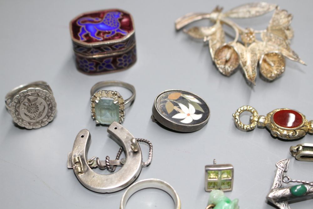 A group of 19th / 20th century jewellery, including pair of pietra dura ear clips, enamel pill box etc.